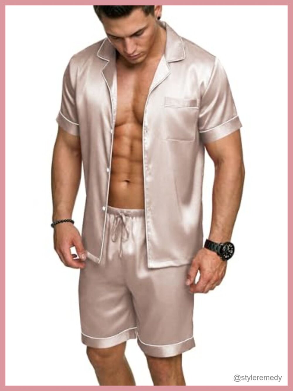 Men's Satin Pajama Set Short Sleeve Button Up Sleep Lounge PJs